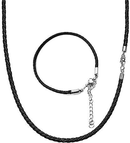 LOCCY Leder Halskette Armband für Männer Frauen, 3mm breit geflochten Lederkette 46/51/56/61cm Kunstlederkette mit Edelstahl Verschluss, 22cm Kunstleder Armband für DIY Anhänger Schmuck (46)