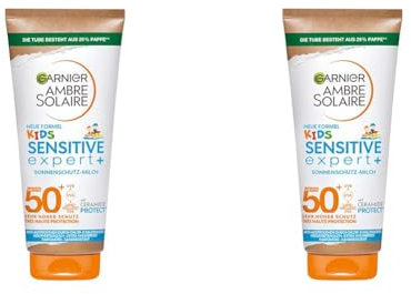 Garnier Sonnenschutzmilch mit LSF 50+ für Kinder, Sonnencreme mit sehr hohem Sonnenschutz, Anti-Austrocknung der Haut, Ambre Solaire Kids Sensitive expert+, 1 x 175 ml (Packung mit 2)