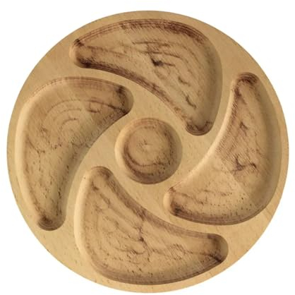 4BIG.fun Plato de madera natural de 25 cm de diámetro con 5 compartimentos divididos, plato para servir entrantes, queso y aperitivos, placa de madera para queso para carne y queso, tabla de queso