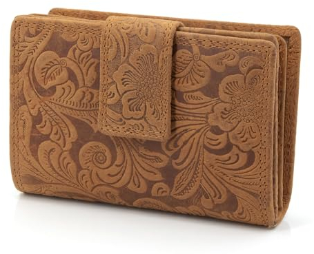 ekavale Damen Geldbörse aus Leder mit RFID-Schutz, Geldbeutel für Moderne Frauen Blüten Muster (Braun)