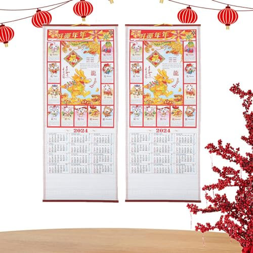 Calendrier Mural 2024 de l'année du Dragon – Calendrier Chinois à volutes 2024 – Calendrier Chinois 2024 | Calendrier Chinois Dragon | Décoration d'intérieur