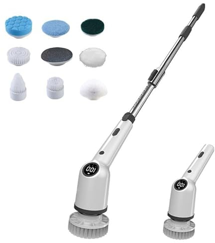 AISEELY Cepillo De Limpieza Electrico, Cepillo Electrico Limpieza Hogar con 9 Cabezales De Cepillo De Repuesto - Baño Brush 3 Velocidades Ajustables con Mango Extensión Ajustable