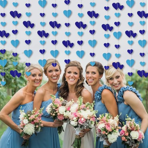 QeeFop Papier Girlande Deko, 52Ft Blau Herz Girlande Hochzeit Deko Doppelseitig Metallisches Papier Hängende Girlande für Hochzeit, Geburtstag, Brautparty Deko (Blau)