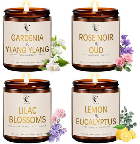 28oz Scented Candles Set, 4Pack Floral Chirstmas Halloween Candles 7oz Candle, Birthday Gifts for Women Long Lasting Soy Wax Candle Non Toxic for Home Decor Aromatherapy, Rose/Lemon/Gardenia/Lilac