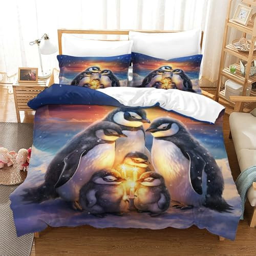 SANDUOHUA Süßer Pinguins 3D Gedruckte Bettwäsche 3 Teilig Anime Animal Theme Set Bettbezüge Soft Microfaser Mit Kissenbezüge,für Erwachsene Und Kinder Single(140x200cm)