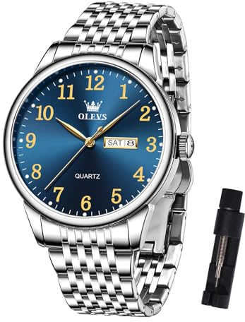 OLEVS Silber Herrenuhr Blau Zifferblatt Classic Quarz Analog Uhr Herren Wasserdicht Großes Edelstahl Herren Armbanduhr mit Datumsanzeige Business Kleid Männer Uhr Arabische Ziffern Geschenke