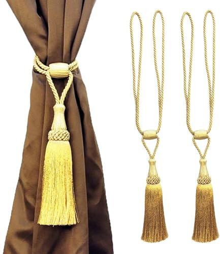 MALOINTEX 2 Pack Curtain Tiebacks Handmade Shiny Metallic zari Yarns Curtain Tie Backs Holdbacks with Tassel, Curtain Tieback for Home Office Hotel Decor (Metallic Gold)