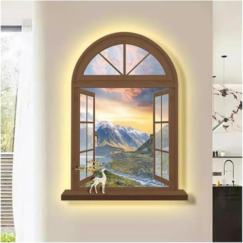 Sculture da parete, quadri sospesi con luce a led Sculture da parete Arte da appendere alla parete con luce a LED, cornice di finestra finta Vista della luce del sole sul paesaggio collinare, decorazi