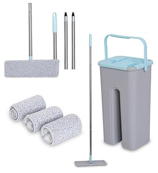 Humlin Bucket Set Floor Mop Reusable Pack of Microfibre Flat Mop With 4 Pads Easy and Simple to Squeeze For Cleaning All Floors -Tiles-Laminate - Hardwood Floors (Sky Blue)