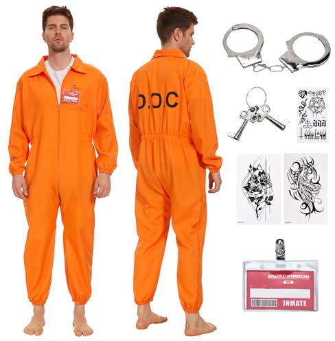 JONRRYIN Disfraz de Prisionero Naranja para Adultos, Carcelero con Esposas de Halloween Cosplay