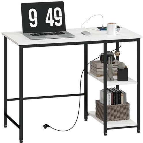 HOMCOM Scrivania Piccola, 100x50 cm Scrivania per Computer con 2 Scaffali Reversibile e Prese di Ricarica USB Integrate, Tavolo Scrivania PC per Gaming, Casa, Studio e Ufficio, Bianca e Nera