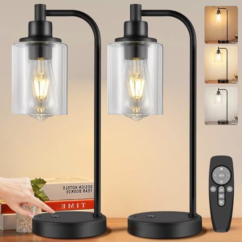 Lot de 2 Lampe de Table Sans Fil Rechargeable USB, Lampe de Chevet Tactile Dimmable avec Télécommande, Lampe de Bureau à Piles 8000mAh, Abat-Jour Verre, Lampe de Table pour Chambre, Salon, Hôtel, Noir