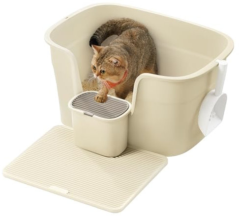 Feandrea Caja de Arena para Gatos Grandes, Extra Gran Arenero para Hogar con Varios Gatos, Incluye Tabla Recogedora, Pala, Beige Arena PPT003L01