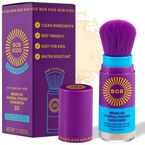 BOB KIDS SPF 30 Brush On Mineral Powder Sunscreen, Broad Spectrum Protection, Water Resistant 80 Mins, Fragrance Free, Easy to Apply for Kids & Babies, Mfg in USA