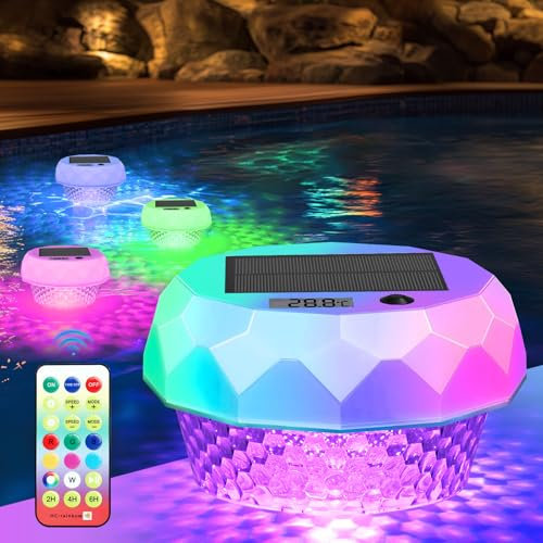 Luz Solar Piscina Flotantes Iluminación LED para Piscinas con Control Remoto y Termómetros IP68 Impermeable Luces Flotante Piscinas para Decoración de Piscinas de Jardín, RGB Cambio de Color