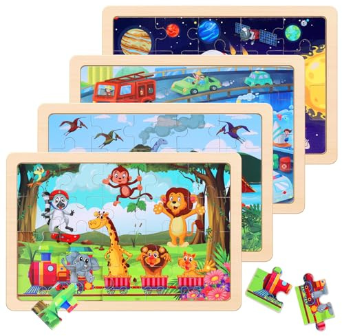 Wooden Educational Jigsaw Puzzles for Preschool Kids Ages 3-5, 4-Pack with 20 Pieces Dinosaur, Space, Transportation Wood Puzzles Set, Toddler Brain Teaser Toys, Gifts for Boys Girls Ages 3 4 5 6