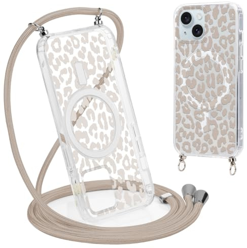 Coalbooliy Handykette Handyhülle für iPhone 15 Plus Hülle 6,7 mit Band Cover Kompatibel mit Magsafe, Transparent Aesthetic Leopard Muster Cover mit Kordel zum umhängen Case Stoßfest, 01