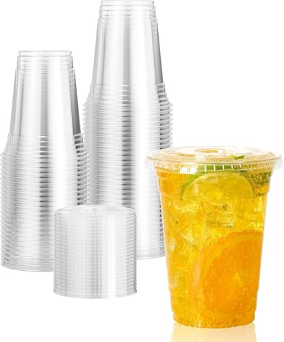 ECONX 200 X Smoothie Cups with Flat Lids 16oz Strong Clear Plastic Cups Reusable for Smoothies, Juice, Milkshakes, Iced Coffee, Slushy, Bubble Tea, Thick Drinks Perfect for Takeaway Restaurants
