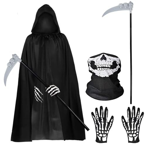 Wieerda Halloween Costumes, 4 Piece Grim Reaper Costume Set with Hooded Cloak Black Scythe, Skull Mask, Skeleton Gloves, Skeleton Halloween Costume for Party Costumes for Women Men Boys