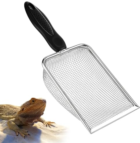 Qulkws Fine Mesh Metal Reptile Litter Cleaner Scooper, Stainless Steel Mesh Litter Shovel, Black Non-Slip Handle Sifter for Lizard Substrate Reptile Terrarium Sand Waste