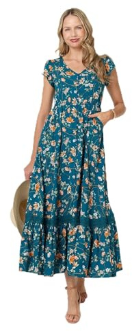 Izabel London Floral Cap Sleeve Lace Trim Maxi Dress for Women UK with a v-Neck, Buttons and a Shirred Waist. Teal