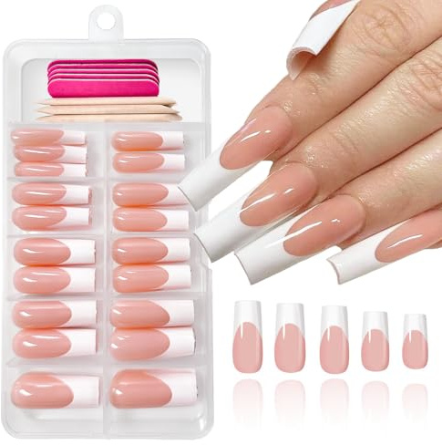 Auroriel 120 pièces French Tips Ongles Pressés Longs Carrés Faux Ongles avec Pointes Blanches Couverture Complète Ongles Acryliques Artificiels avec Bandes Adhésives pour