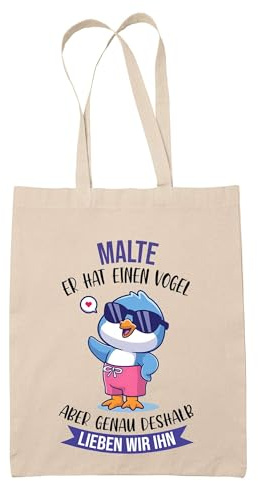 Planetee Baumwolltasche Malte - Er hat einen Vogel - Geschenk Vatertag, Geburtstag, Bruder, Weihnachten, Onkel oder Pate, Wiederverwendbarer Shopper