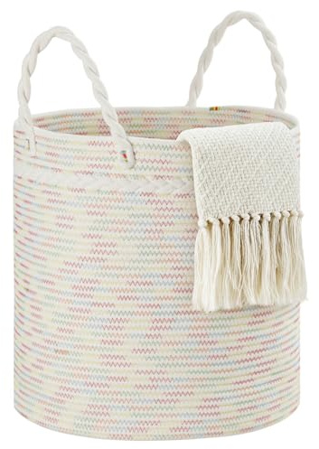 COSYLAND Aufbewahrungskorb Groß für Wohnzimmer, geflochtener Wäschekorb aus Baumwollseil, Wollkorb/Spielzeugkorb, Deckenkorb Wohnzimmer/Korb für Decken, 40×25.5 cm, Candy-Farben