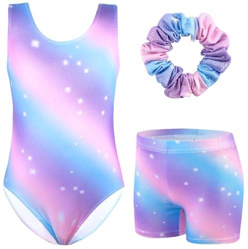 XiaoMoSha Girls 3 Piece Gymnastics Leotards Set with Shorts and Hairband Sleeveless Sparkly Dance Gymnastics Athletic Outfits for Ballet 3-12 Years Girls