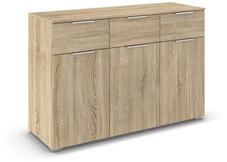 Rauch Möbel Alabama, Kommode, Farbe Eiche Sonoma, Maße 120x81x42 cm | Sideboard, 3-türig, 3 Schubladen, Soft-Close-Funktion, Griff Alufarben, für Schlafzimmer, Kinderzimmer, Garderobe, Flur