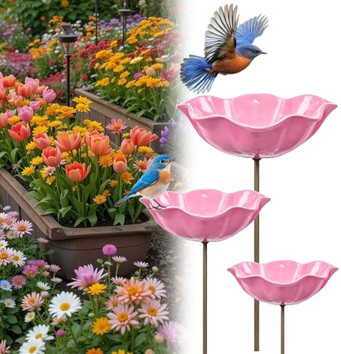 Vogeltränke Blume aus Metall, Handgefertigter Blumen Gartenstecker Bienentränke, Outdoor Vogeltränke & Insektentränke, Bienentränke für Garten, Hof und Terrasse (3 Stück Rosa)