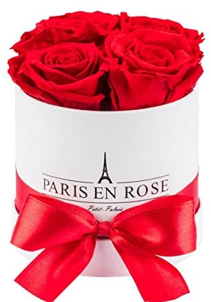 PARIS EN ROSE Rosenbox | mit 4 roten Infinity Rosen Größe XL | konservierte ewige Rose | runde weiße Box mit Schleife | 3 Jahre haltbar | Grußkarte