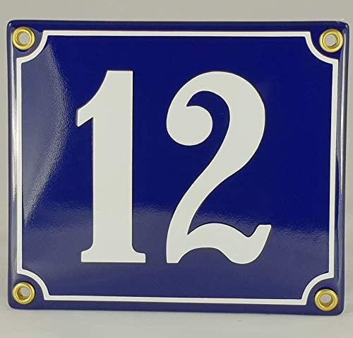 Emaille Schild Hausnummer 12 Blau-Weiß Handarbeit