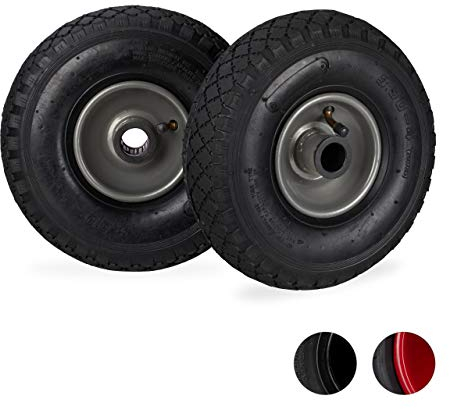 relaxdays Set di 2 Ruote per Carriola, Ruota Completa ad Aria 3.00-4 con Cerchione in Acciaio, Asse D: 25mm, Nero-Grigio