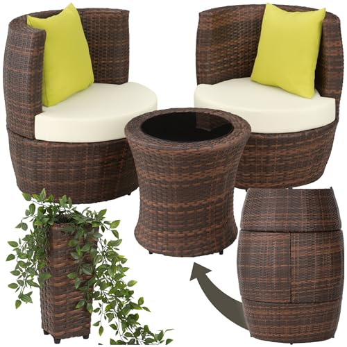 tectake® Conjunto Jardín Exterior de Ratán y Aluminio, Muebles Jardín Exterior Resistente a la Intemperie, 2 Sillas, Mesa Cristal, Compacto, Asas en Respaldo Compacto, Fácil Limpieza - Negro/marrón