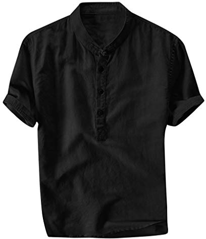 Xmiral Herren Leinenhemd leinen Shirt Kurzarm Hemden mit Stehkragen Kurze Knopfleiste Slim fit für Männer(Schwarz,XL)