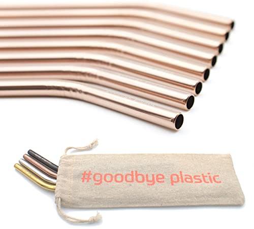 GERNEO® - Labor geprüft - Strohhalm wiederverwendbar 304er Edelstahl - 8er Set + Reinigungsbürste + ToGo Bag - Rückgaberecht, kindergeeignet, umweltfreundlich & plastikfrei (Kupfer-gebogen-8mm)