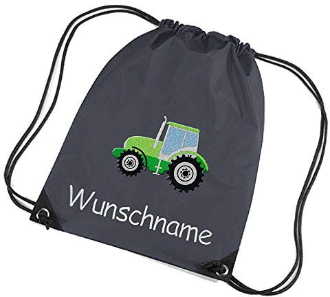Feenstickerei Turnbeutel Traktor Bestickt mit Namen personalisiert dunkelgrau Sportbeutel Schuhbeutel Schwimmbeutel Wäschebeutel 45x33 cm