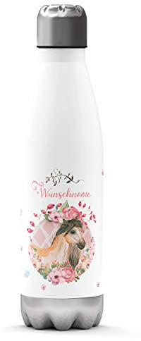 Sunnywall Premium Edelstahl-Thermosflasche Pferde mit Wunschnamen individuell personalisiert kalt & heiß Thermoskanne Isolierflasche Trinkflasche Wasserflasche Campingflasche (Palomo Pferdekopf)