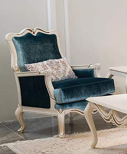 Casa Padrino Luxus Barock Sessel Blau/Weiß 76 x 67 x H. 103 cm - Wohnzimmer Sessel mit dekorativem Kissen - Wohnzimmer Möbel im Barockstil
