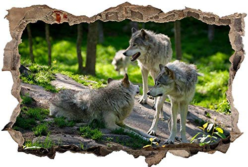 Wandaufkleber 3D Spiegel Ansicht Durchbrechen die Mauer Vinyl Wandsticker Wolfsrudel Rudel Wölfe Wald Entfernbarer DIY Vinyl Wandtattoo für Wohnzimmer, Schlafzimmer,Kinderzimmer 60x90cm