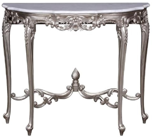 Casa Padrino Luxus Barock Konsole Silber/Weiß - Handgeferigter Massivholz Konsolentisch mit Marmorplatte - Barock Möbel