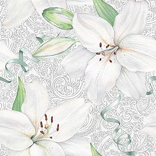 linoows 20 Servietten, Weiße Lilien und grüne Bändchen auf antiker Häkelspitze 33x33 cm