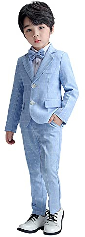 LOLANTA 3-teiliges Jungen Plaid Anzug Set, Eleganter Blazer für Hochzeits-Abschlussball, Formelle Kleidung Jacken-Hose-Fliege Set(Blau,4-5 Jahre,Etikettengröße 110)