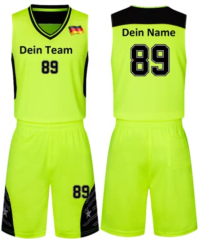 HDSD Benutzerdefiniert Trikot Kinder Erwachsene Basketball Jersey & Shorts 2 Teiliges Set Name Nummer Team Logo Personifizieren Basketball Trikots (Leuchtendes Grün)