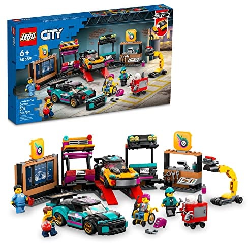 LEGO City Custom Car Garage 60389, Toy Garage Building Set with 2 Customizable Cars and Car Accessories, Pretend Play Mechanic Toy with 4 Minifigures, Gift Idea for Christmas for 6 Year Old Kids