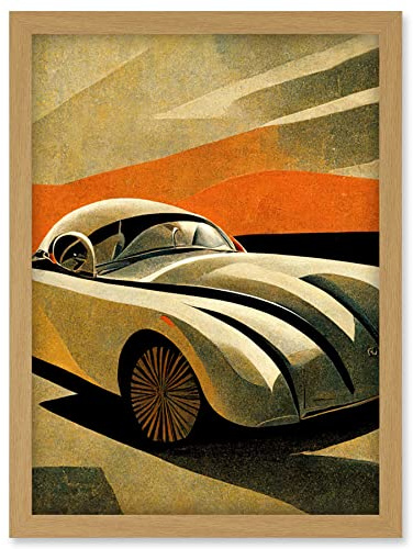 Doppelganger33 LTD Art Deco Vintage Sports Car Sunset Illustration Artwork Framed Wall Art Print A4