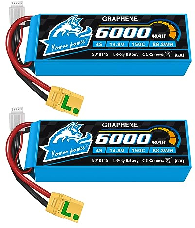 Yowoo 4S Lipo Battery 6000mAh 14.8V 150C Graphene Battery with XT90S Anti-Spark Plug Connector for 1/8 and 1/10 RC Vehicles Car RC Buggy Truggy RC Airplane UAV Drone FPV (2 Packs)