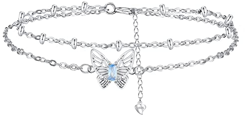 Hifeeled Bracelet de Cheville Papillon Femme Argent Sterling 925 avec Zirconium Chaînes de Cheville Plage d'été Pieds nus Double Chaîne Réglable(22cm+4)