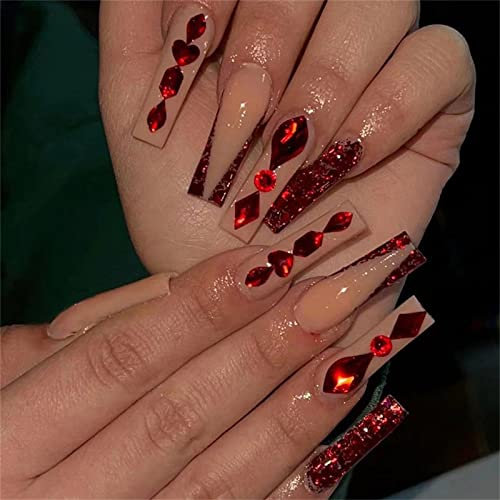 24pcs Red Rhinestones Sparkly Fake Nails Full Cover Coffin Long Press on Nails with Glue for Women and Girls Nail Art Manicure Decoration